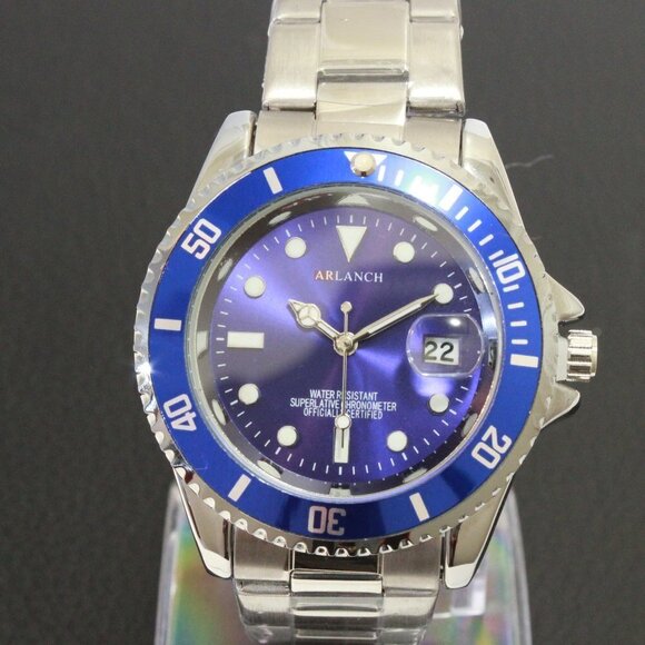Men's Diver Style Watch Blue Uni-directional Bezel Stainless Bracelet 40mm - Picture 6 of 14